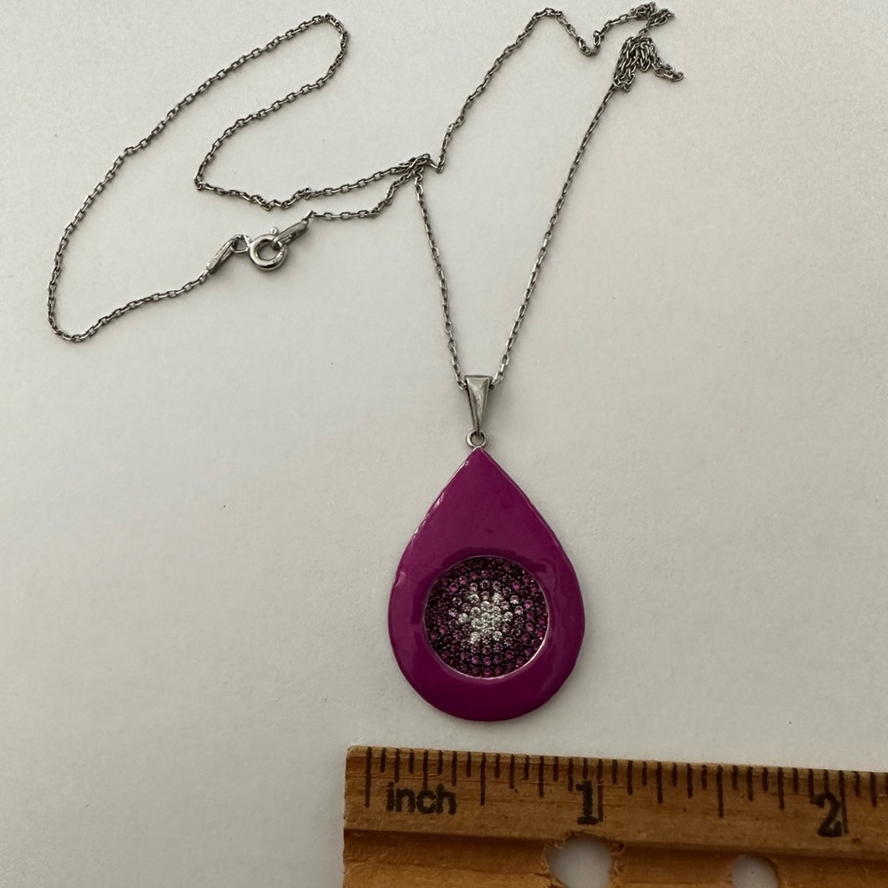 🧿925 Silver evil eye cz stones handmade purple enamel necklace - Picture 5 of 6